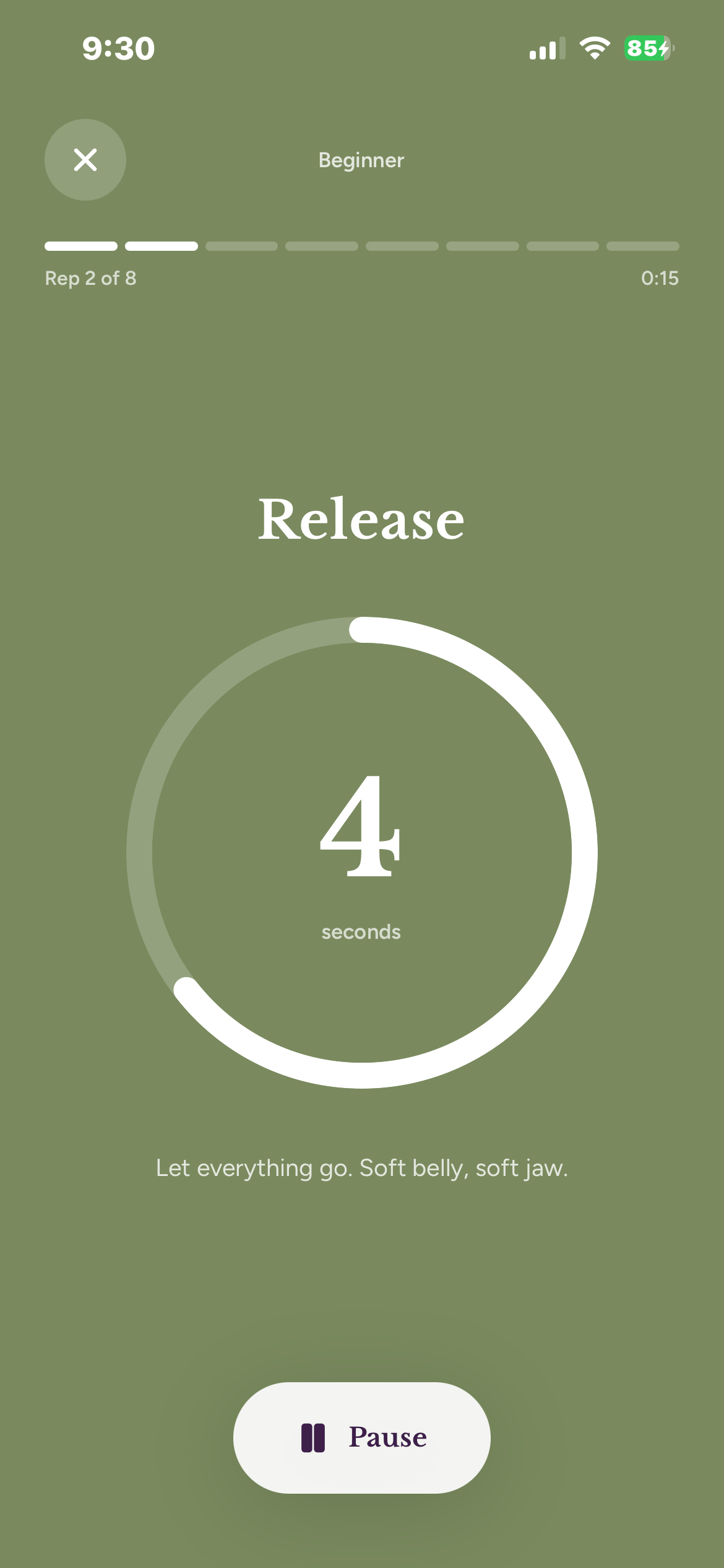 The same session in its rest phase, in sage green: Release, four seconds remaining.